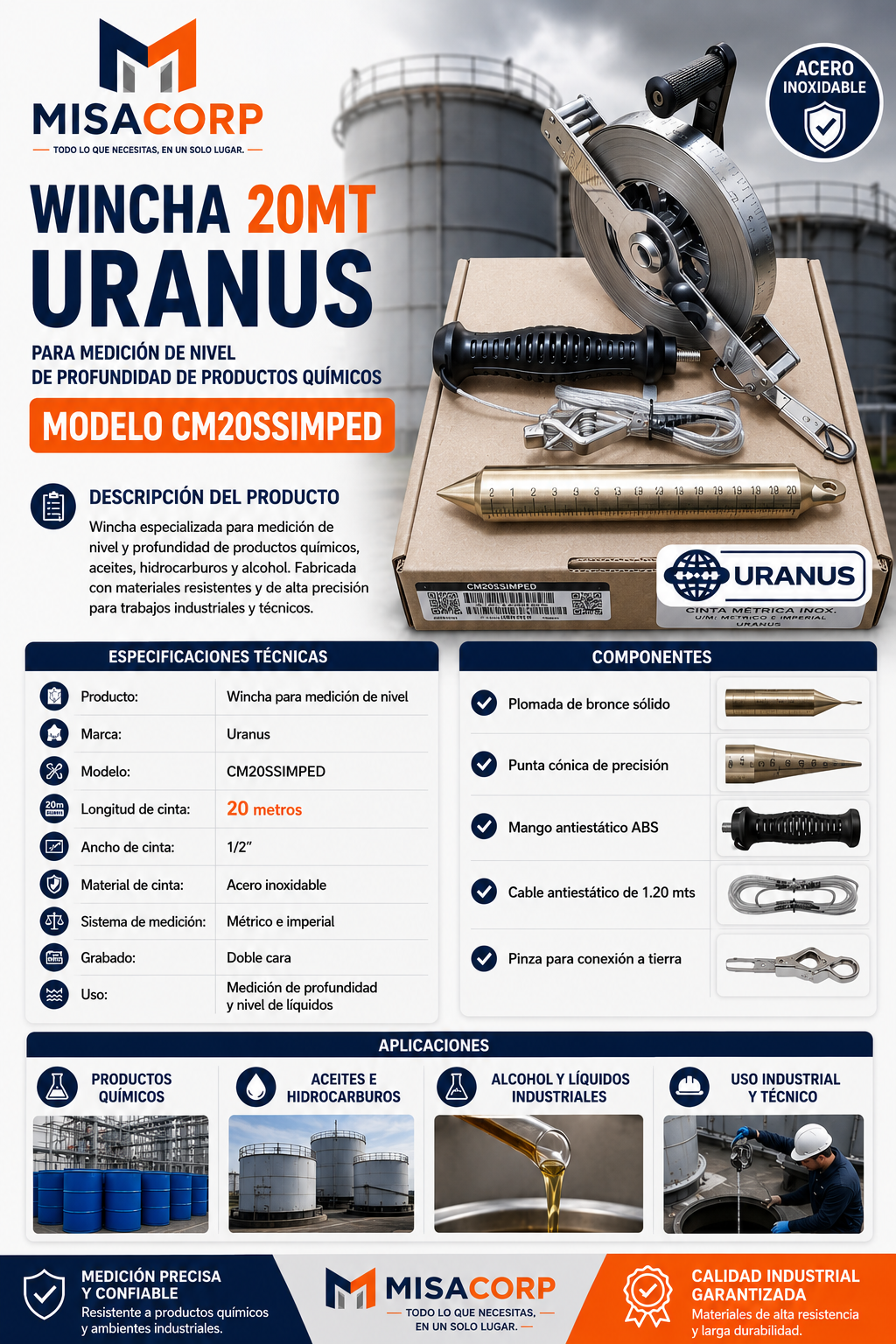 WINCHA 20MT URANUS PARA MEDICIÓN DE NIVEL DE PROFUNDIDAD DE PRODUCTOS QUÍMICOS MODELO CM20SSIMPED