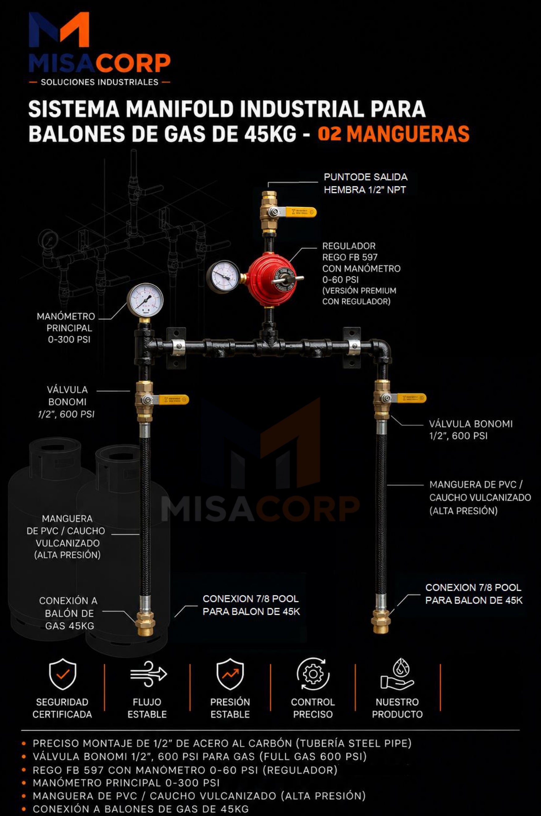 MANIFOLD GAS LP 02 MANGUERAS CON REGULADOR