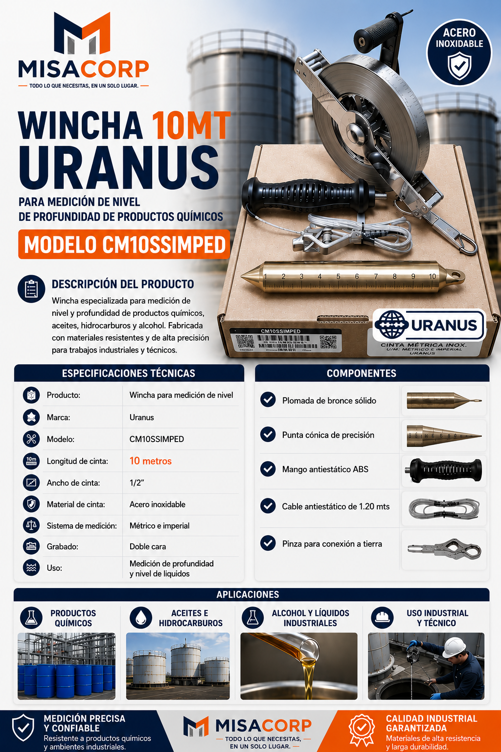 WINCHA 10MT URANUS PARA MEDICIÓN DE NIVEL DE PROFUNDIDAD DE PRODUCTOS QUÍMICOS MODELO CM10SSIMPED