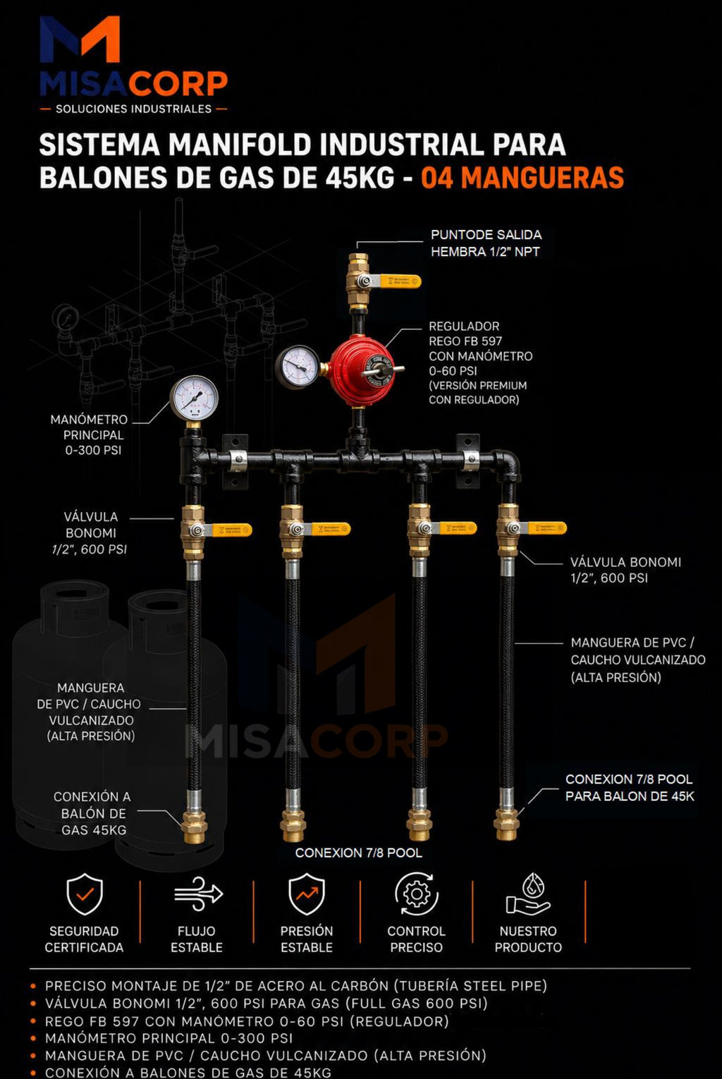 MANIFOLD GAS LP 04 MANGUERAS CON REGULADOR