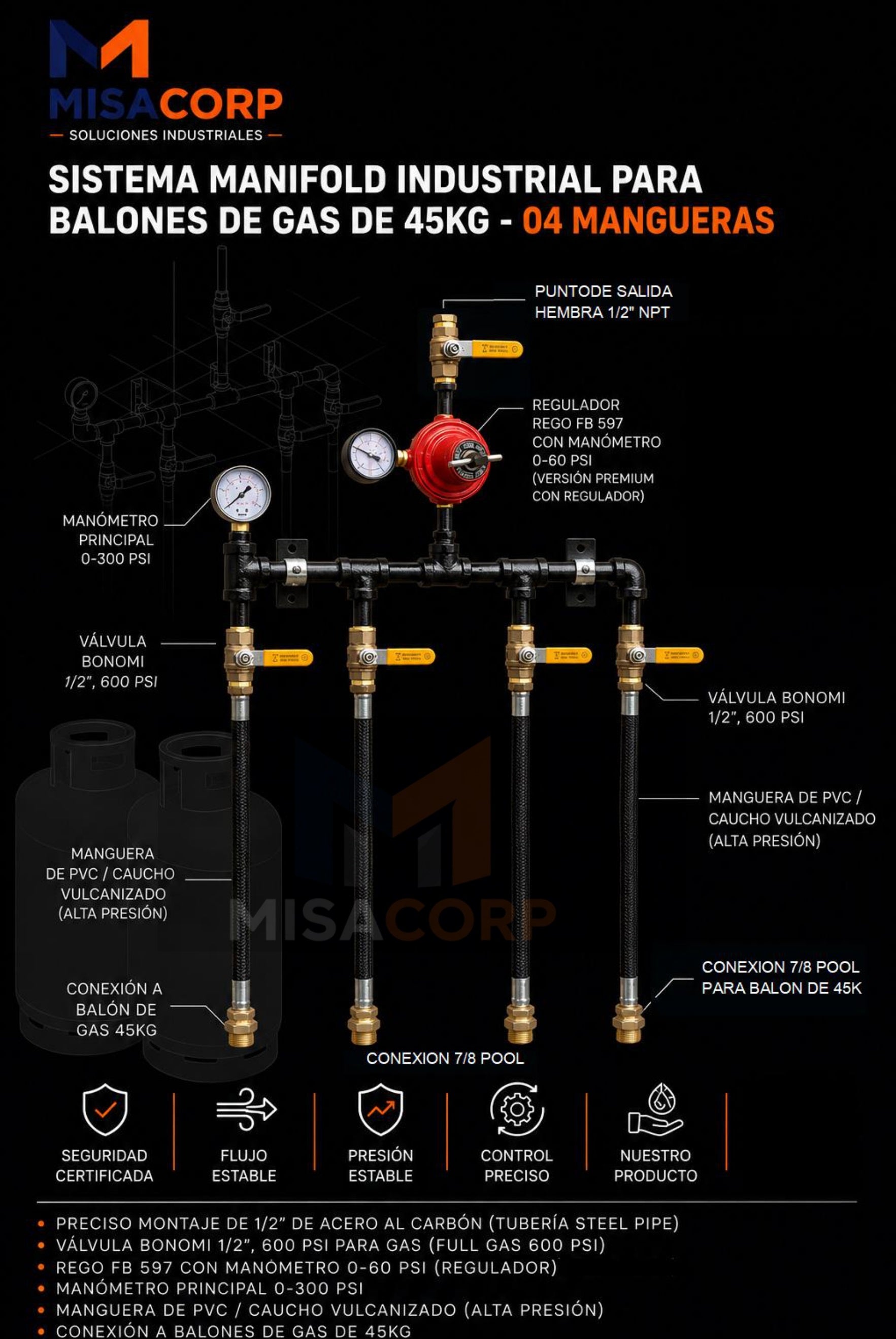 MANIFOLD GAS LP 04 MANGUERAS CON REGULADOR