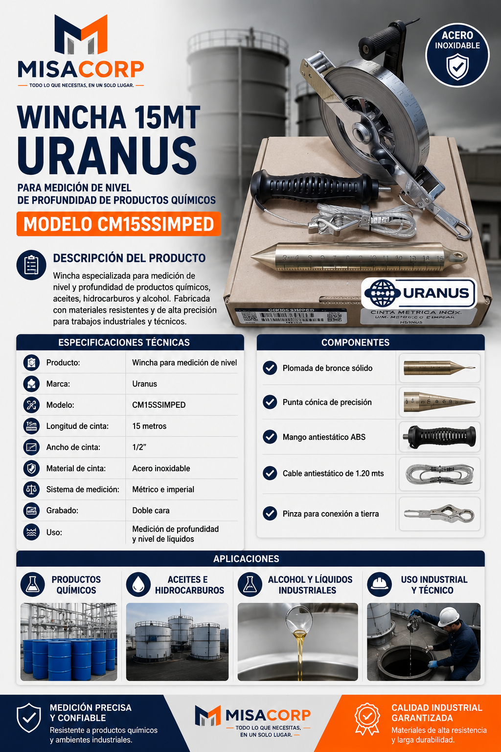 WINCHA 15MT URANUS PARA MEDICIÓN DE NIVEL DE PROFUNDIDAD DE PRODUCTOS QUÍMICOS MODELO CM15SSIMPED
