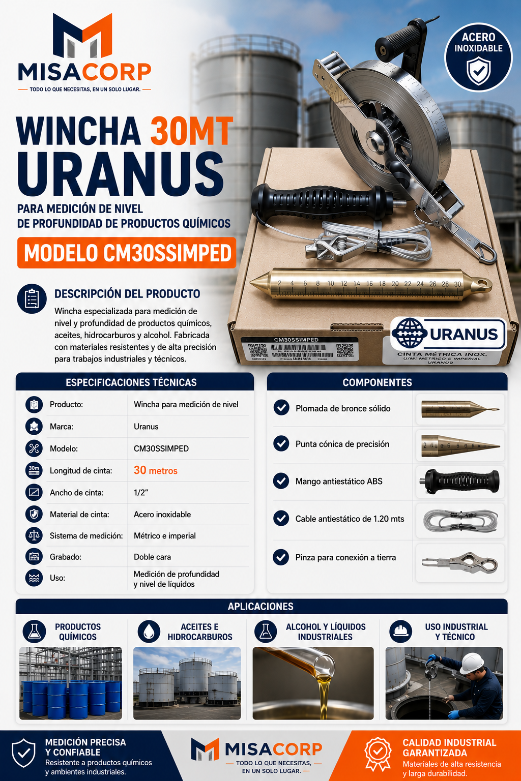WINCHA 30MT URANUS PARA MEDICIÓN DE NIVEL DE PROFUNDIDAD DE PRODUCTOS QUÍMICOS MODELO CM30SSIMPED