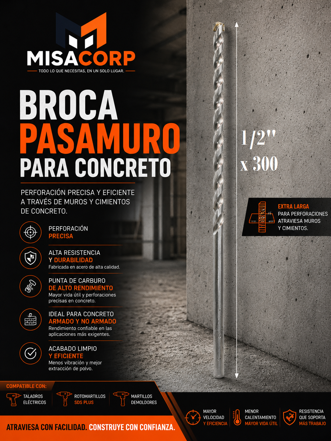 BROCA CONCRETO - PASAMURO 1/2" x 300 UNID