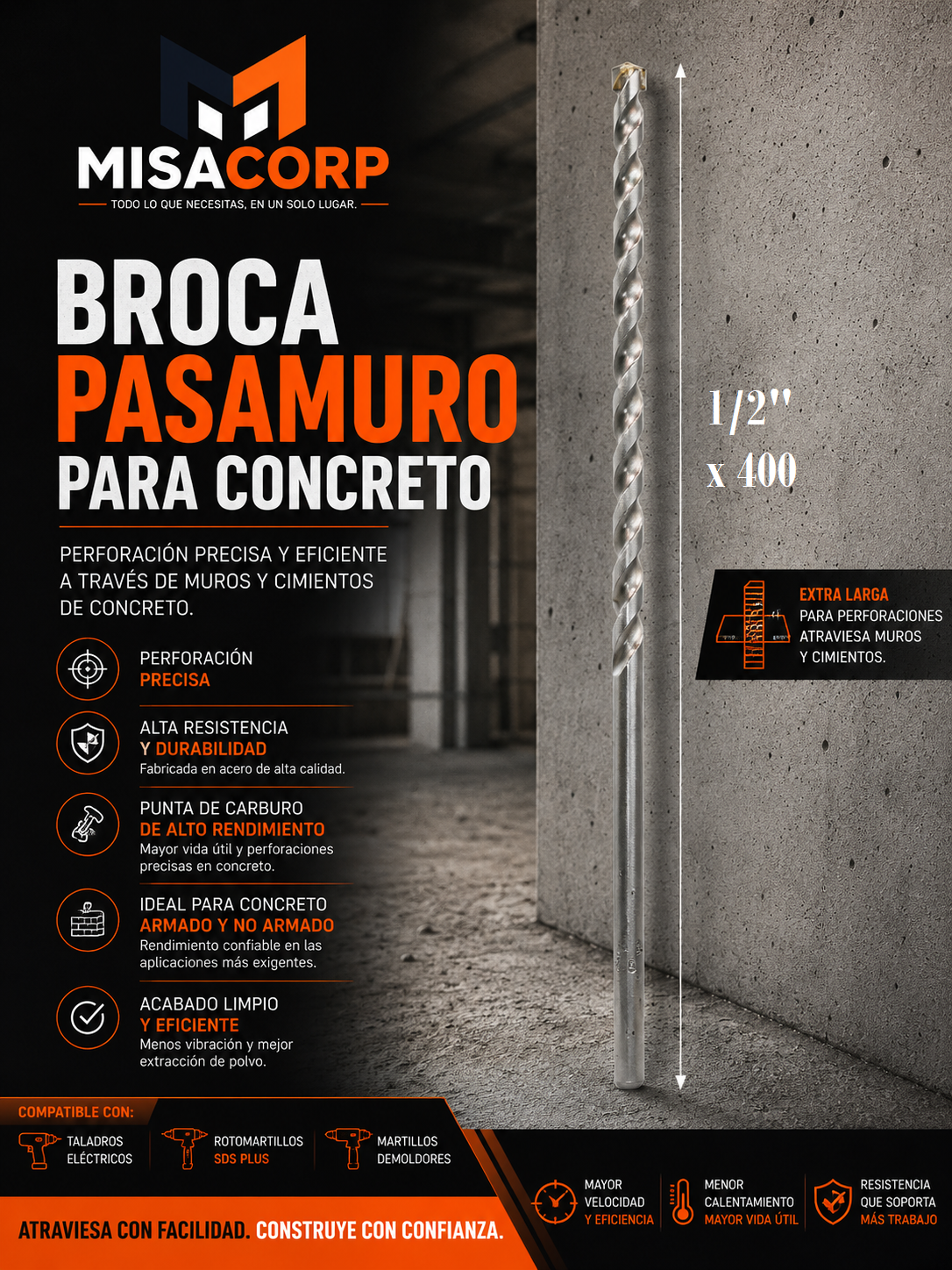 BROCA CONCRETO - PASAMURO 1/2" x 400 UNID