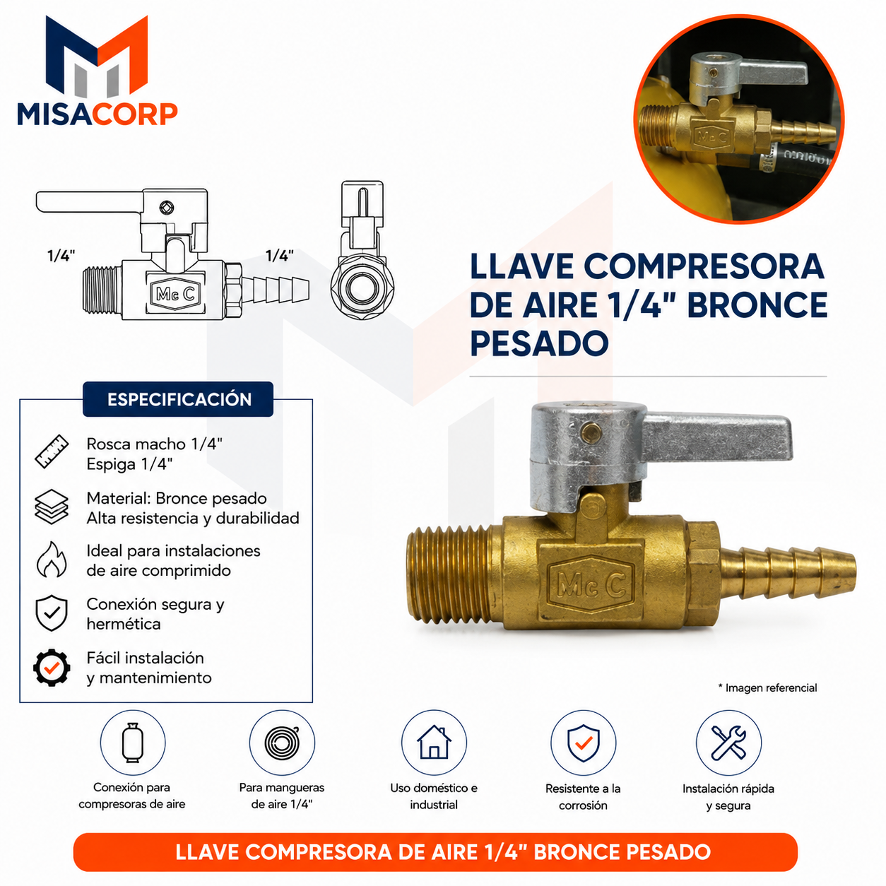 LLAVE COMPRESORA DE AIRE 1/4" BRONCE PESADO