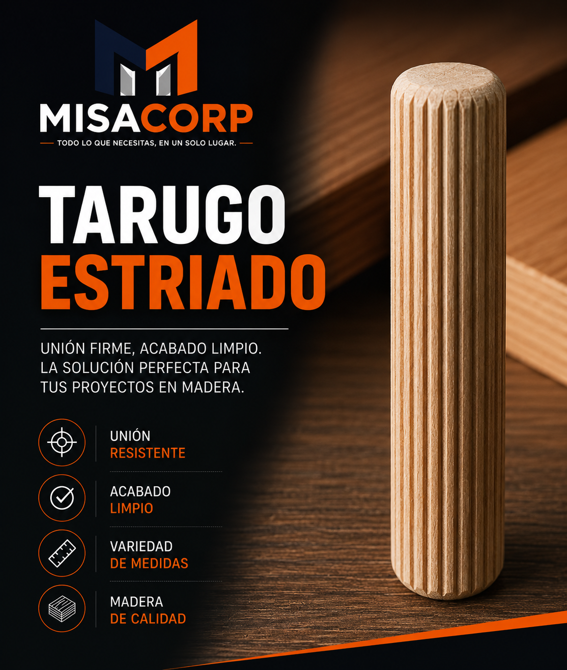 TARUGO MADERA ESTRIADO 1/4"