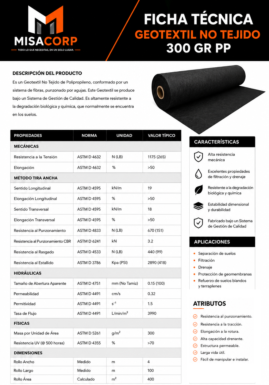 GEOTEXTIL NO TEJIDO 4 X 100MT - 300GR PP