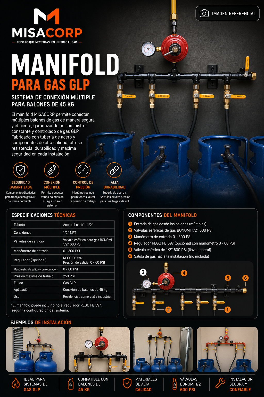 MANIFOLD GAS LP 04 MANGUERAS SIN REGULADOR