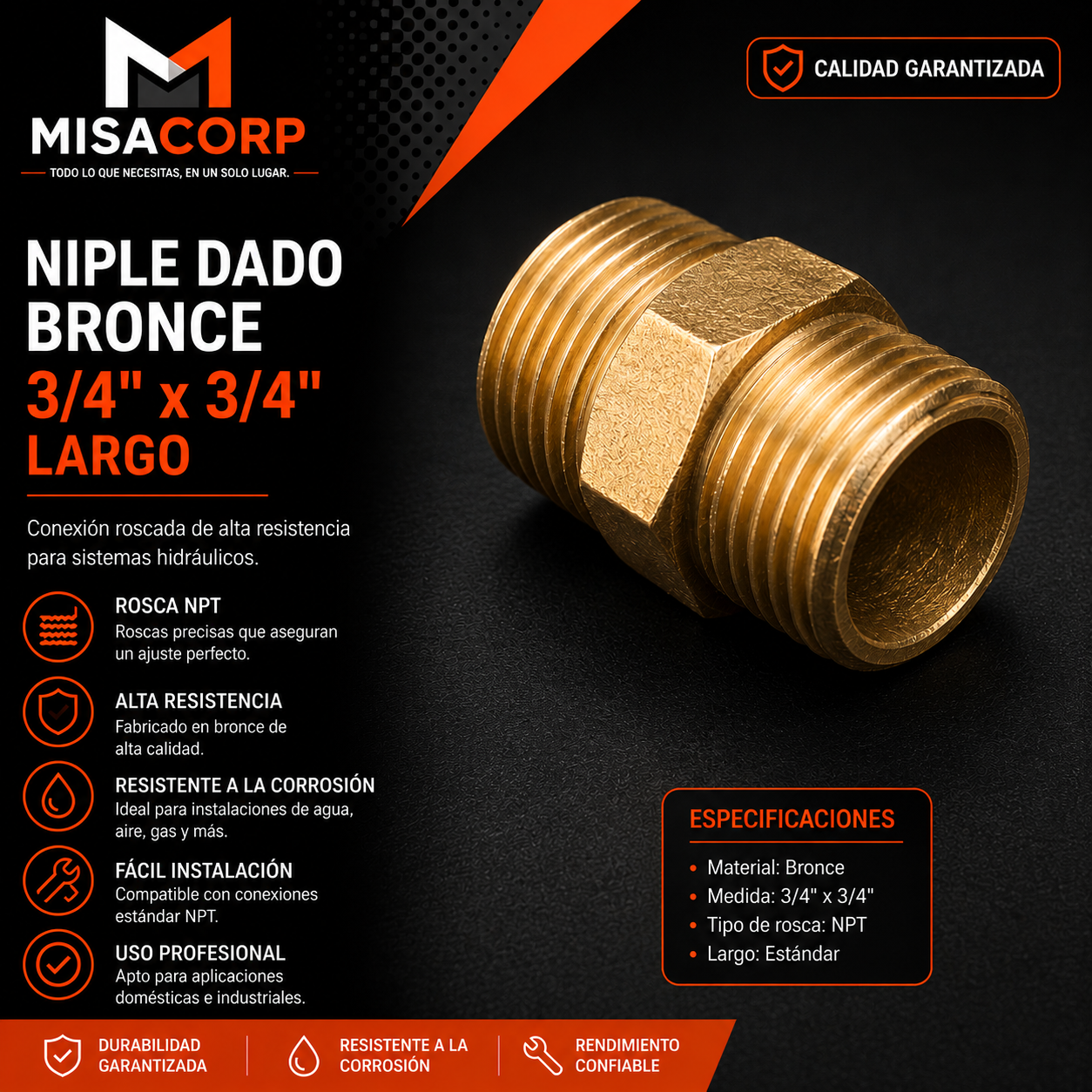 NIPLE DADO PESADO BRONCE DE 3/4" x  3/4" LARGO