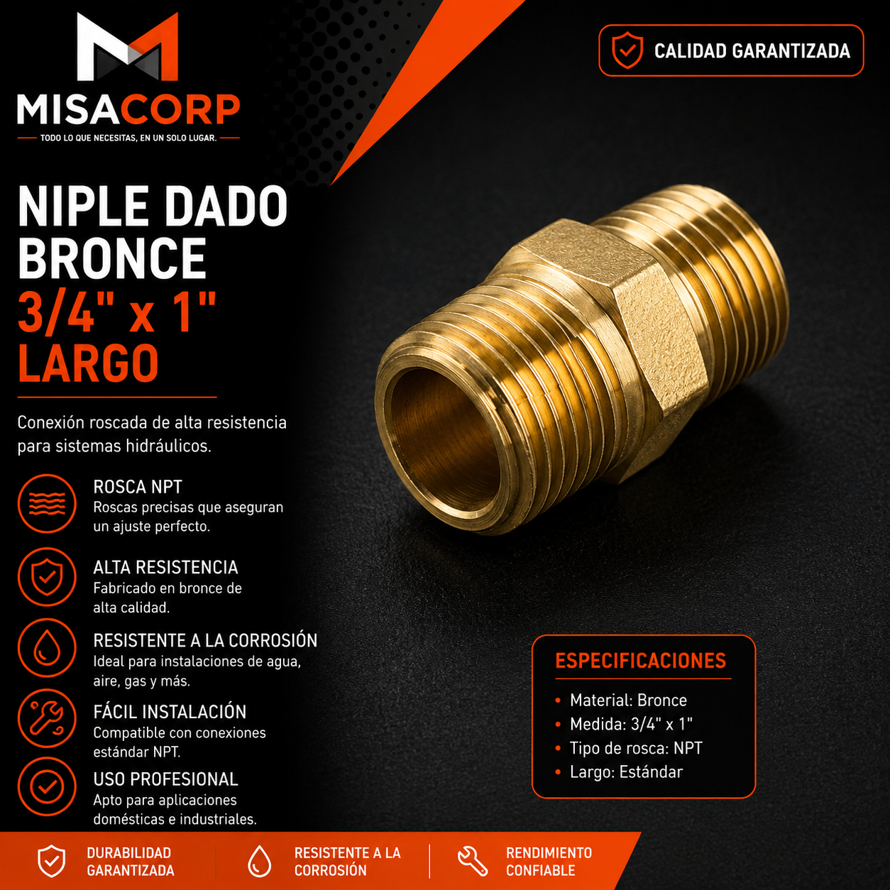 NIPLE DADO PESADO BRONCE DE 3/4" x  1" LARGO
