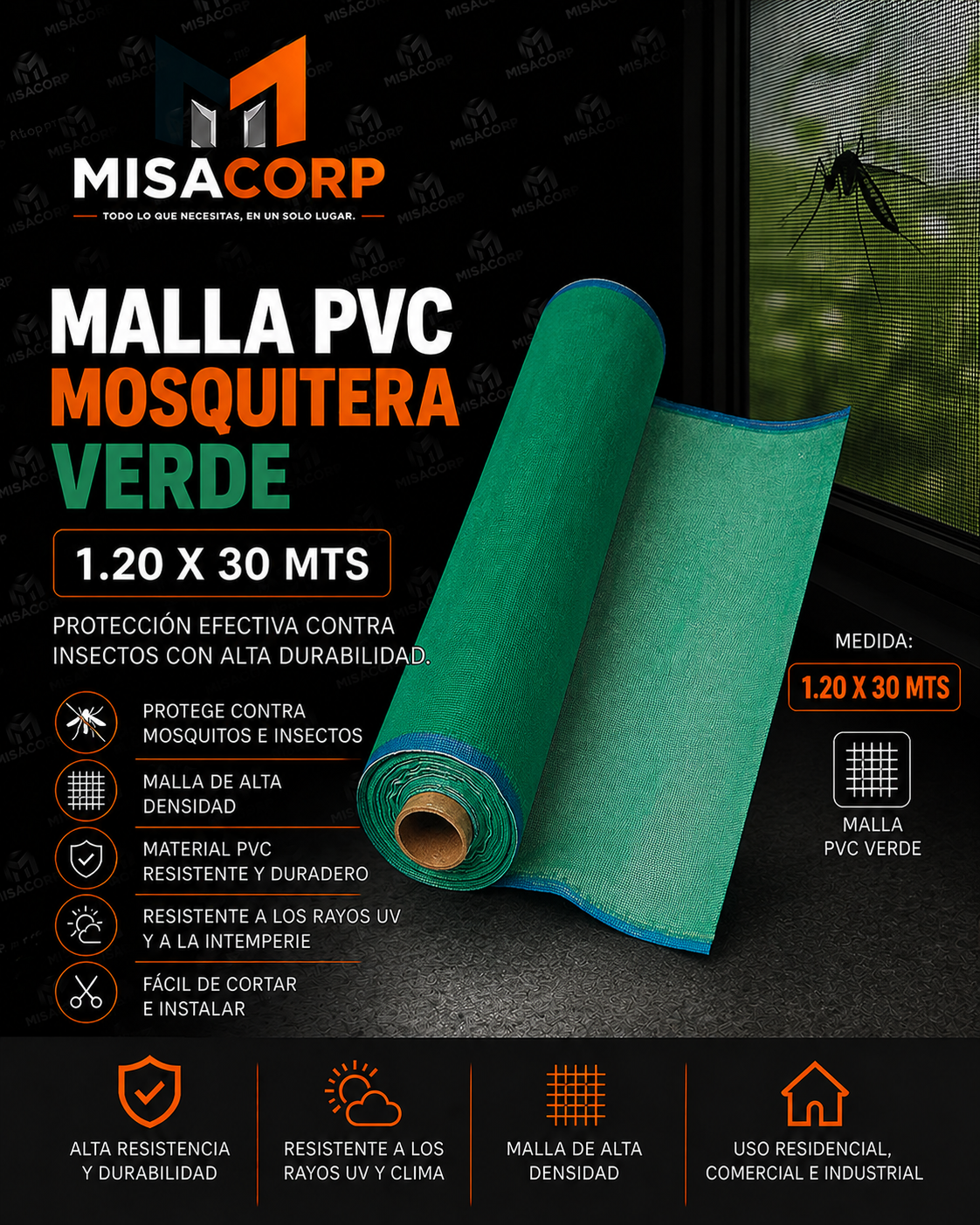 MALLA PVC MOSQUITERA VERDE 1.20 X 3O MTS