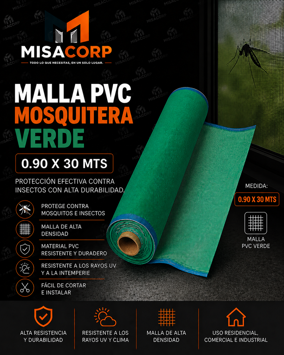 MALLA PVC MOSQUITERA VERDE 1.20 X 3O MTS (Copia)