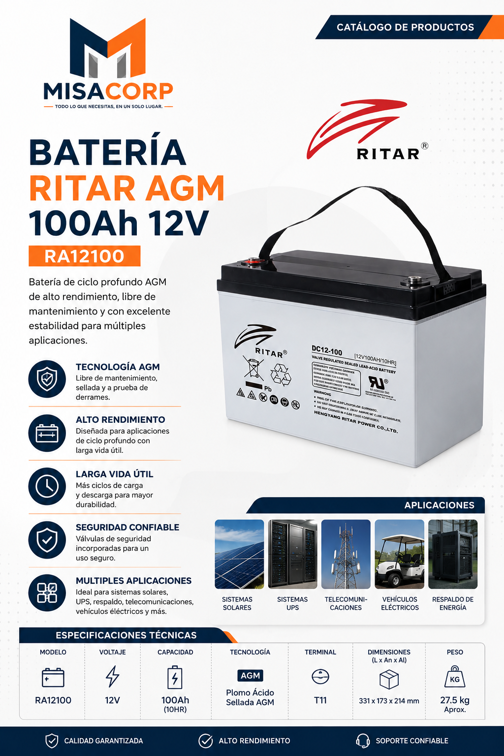 BATERIA RITAR AGM 100Ah 12v