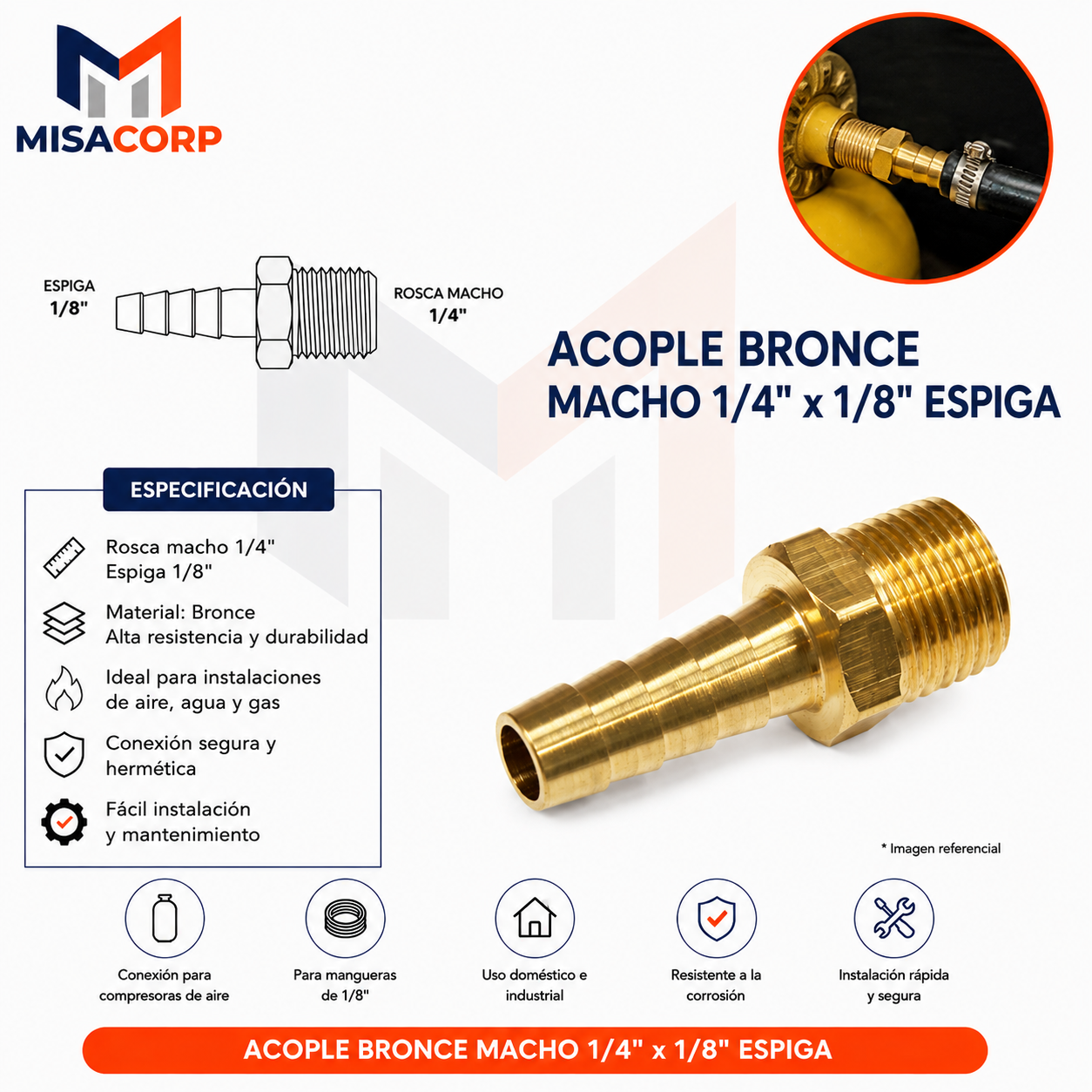 ACOPLE BRONCE MACHO 1/4" x 1/8" ESPIGA