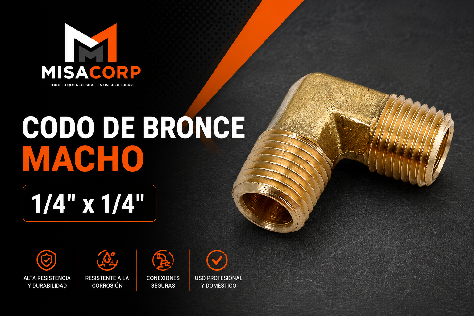 CODO BRONCE MACHO 1/4" X 1/4" MACHO