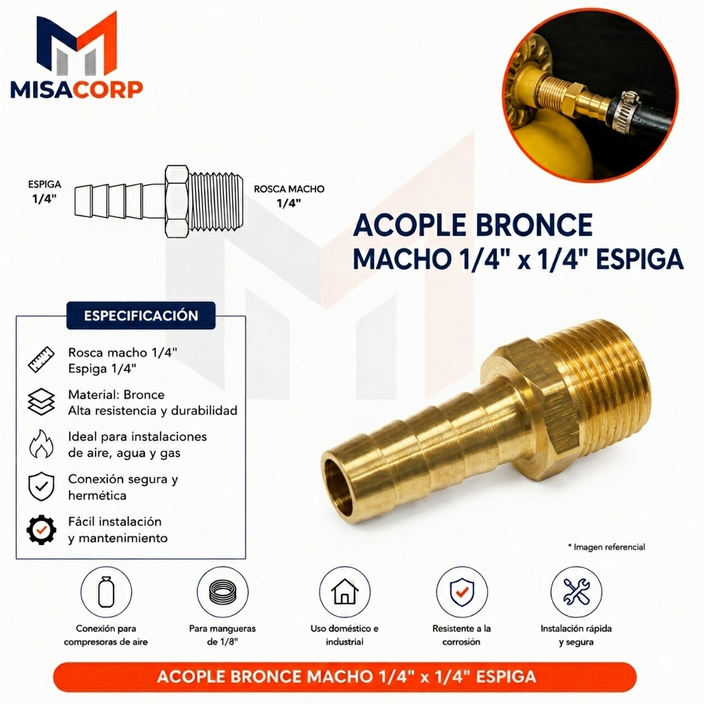 ACOPLE BRONCE MACHO 1/4" x 1/4" ESPIGA