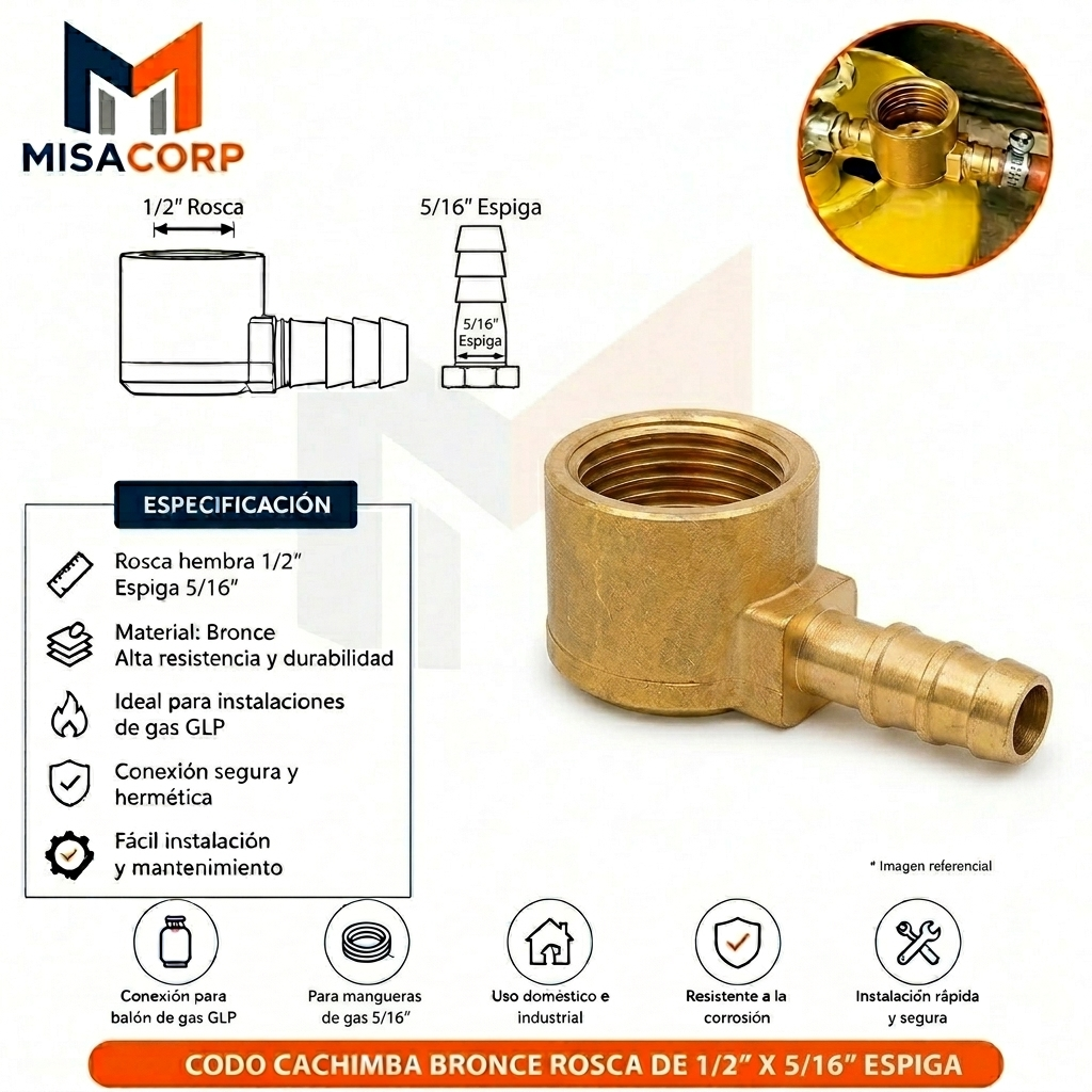 CODO CACHIMBA BRONCE ROSCA DE 1/2" X 5/16" ESPIGA