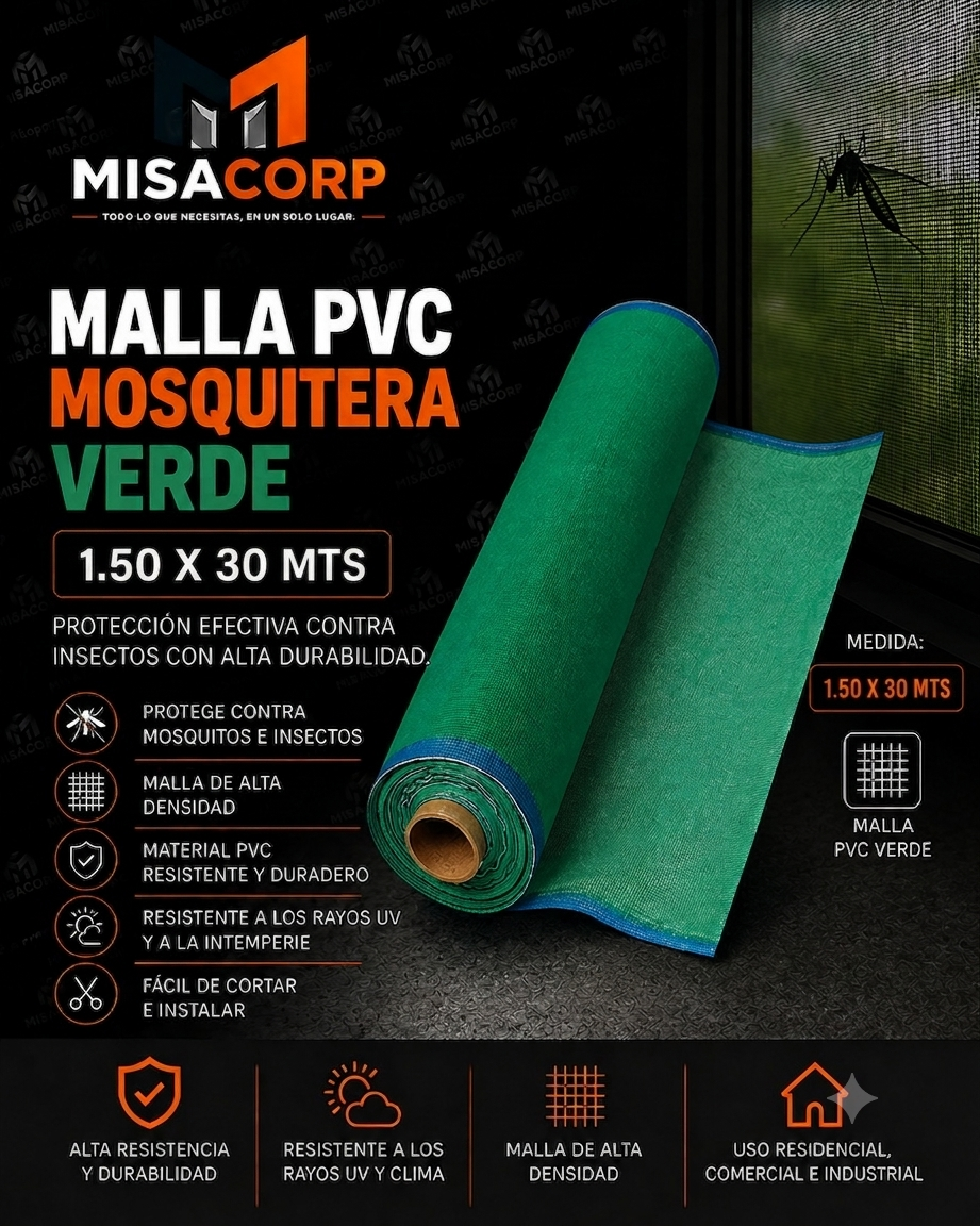 MALLA PVC MOSQUITERA VERDE 1.50 X 3O MTS