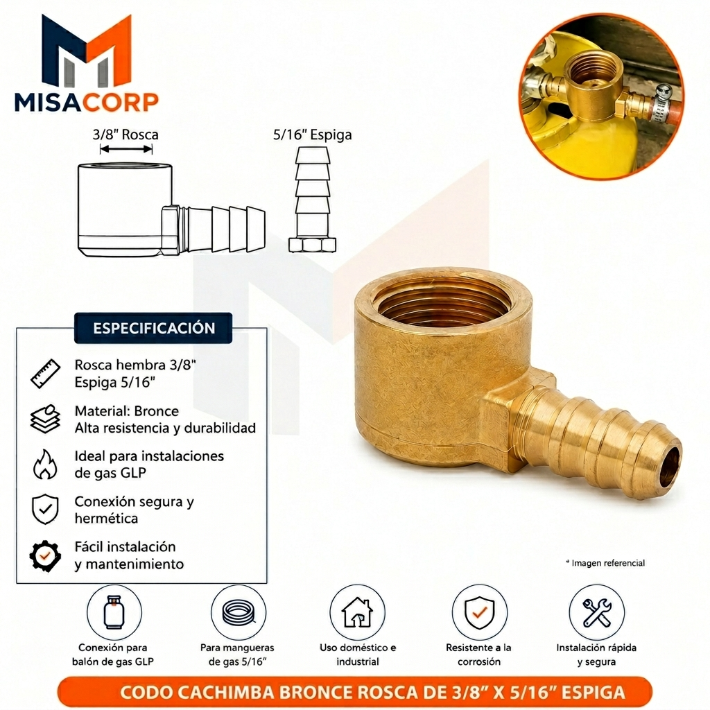 CODO CACHIMBA BRONCE ROSCA DE 3/8" X 5/16" ESPIGA