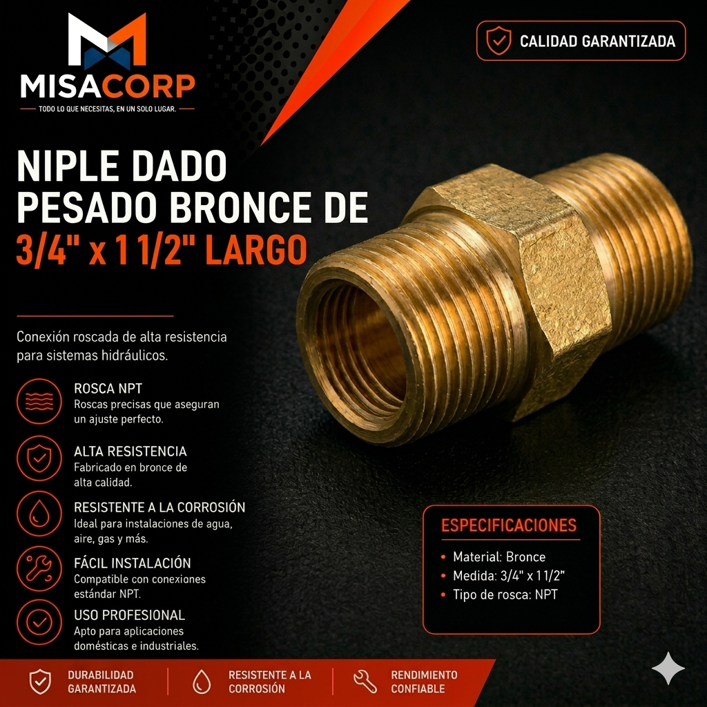NIPLE DADO PESADO BRONCE DE 3/4" x  1 1/2" LARGO