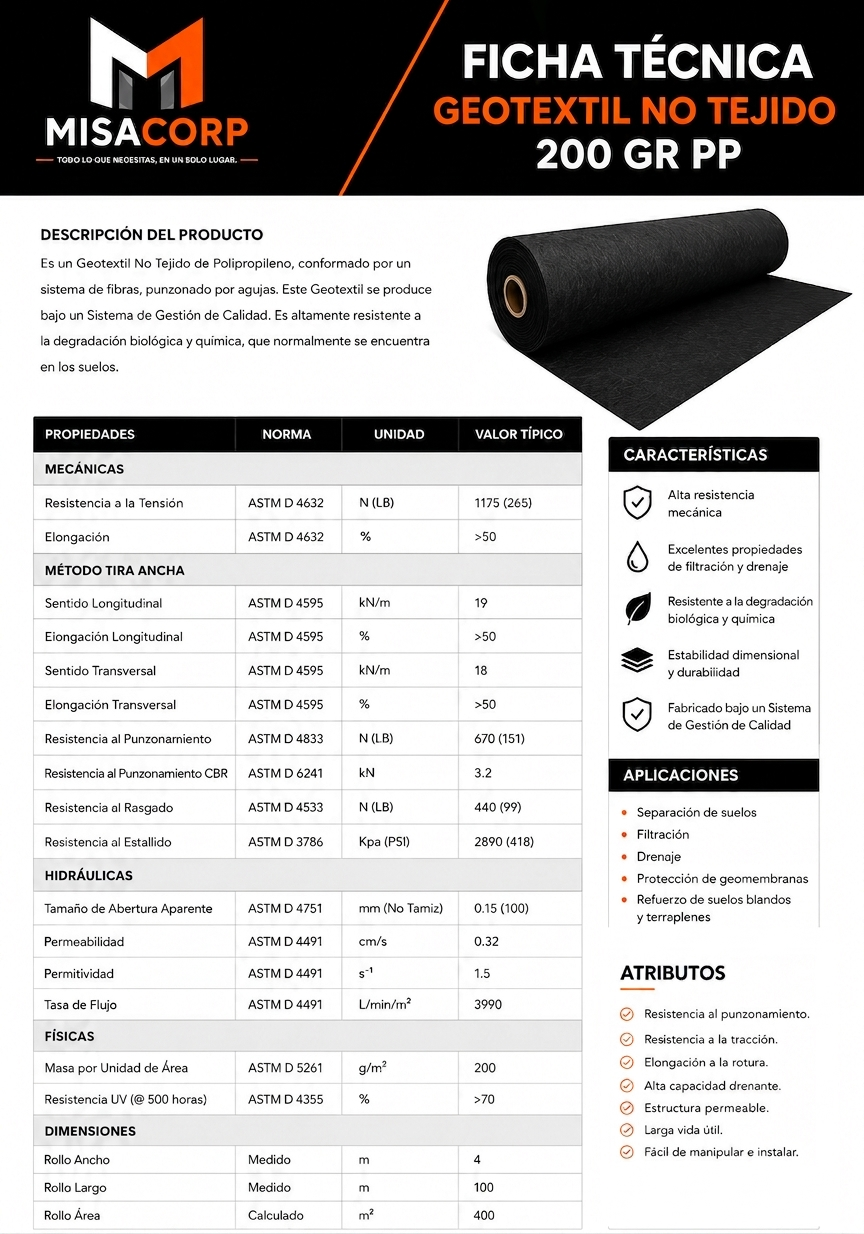 GEOTEXTIL NO TEJIDO 4 X 100MT - 200GR PP