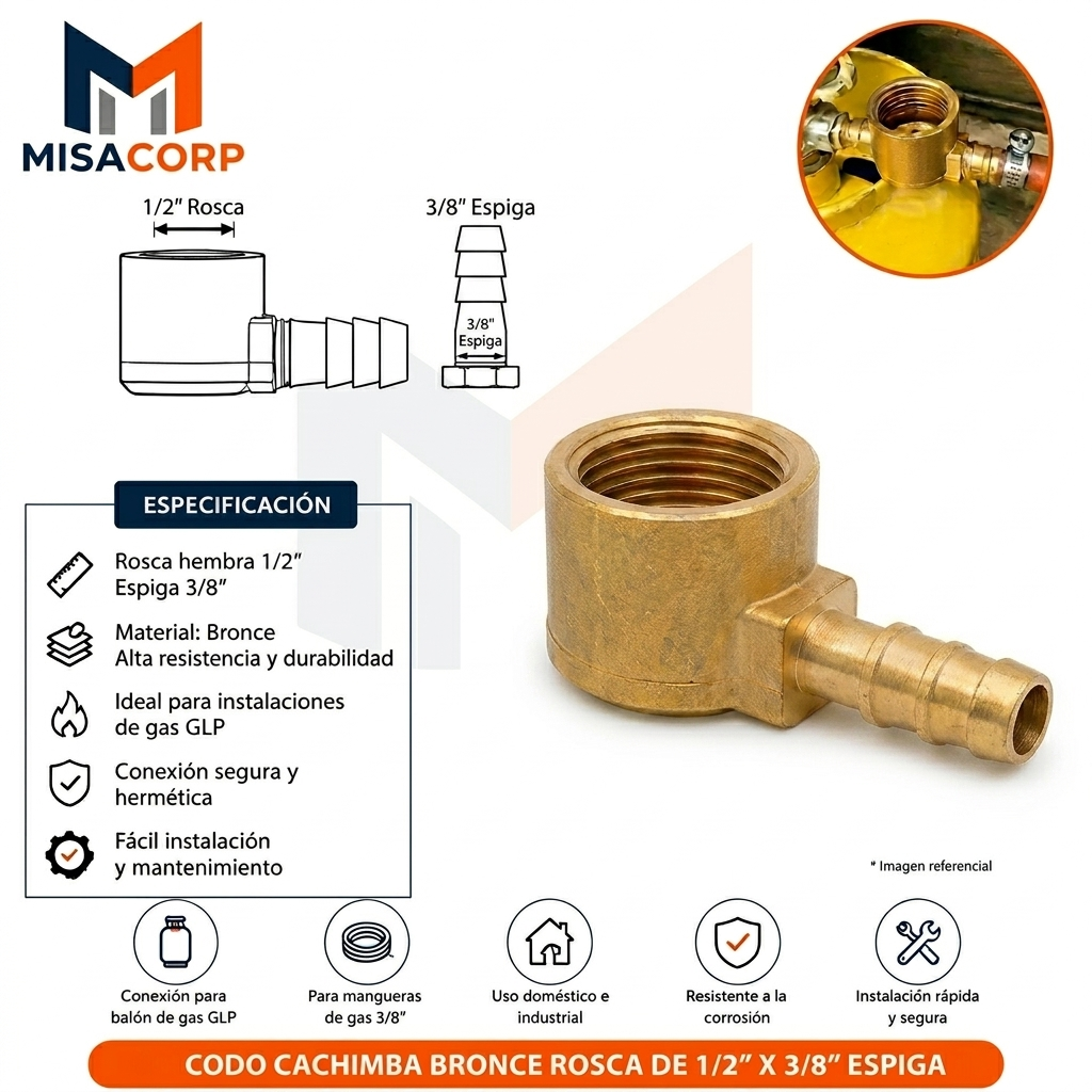 CODO CACHIMBA BRONCE ROSCA DE 1/2" X 3/8" ESPIGA