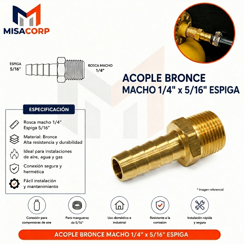 ACOPLE BRONCE MACHO 1/4" x 5/16" ESPIGA