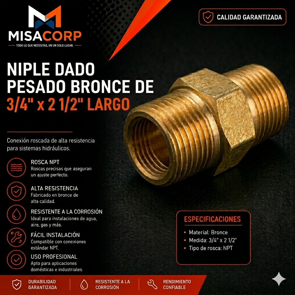 NIPLE DADO PESADO BRONCE DE 3/4" x  2 1/2" LARGO