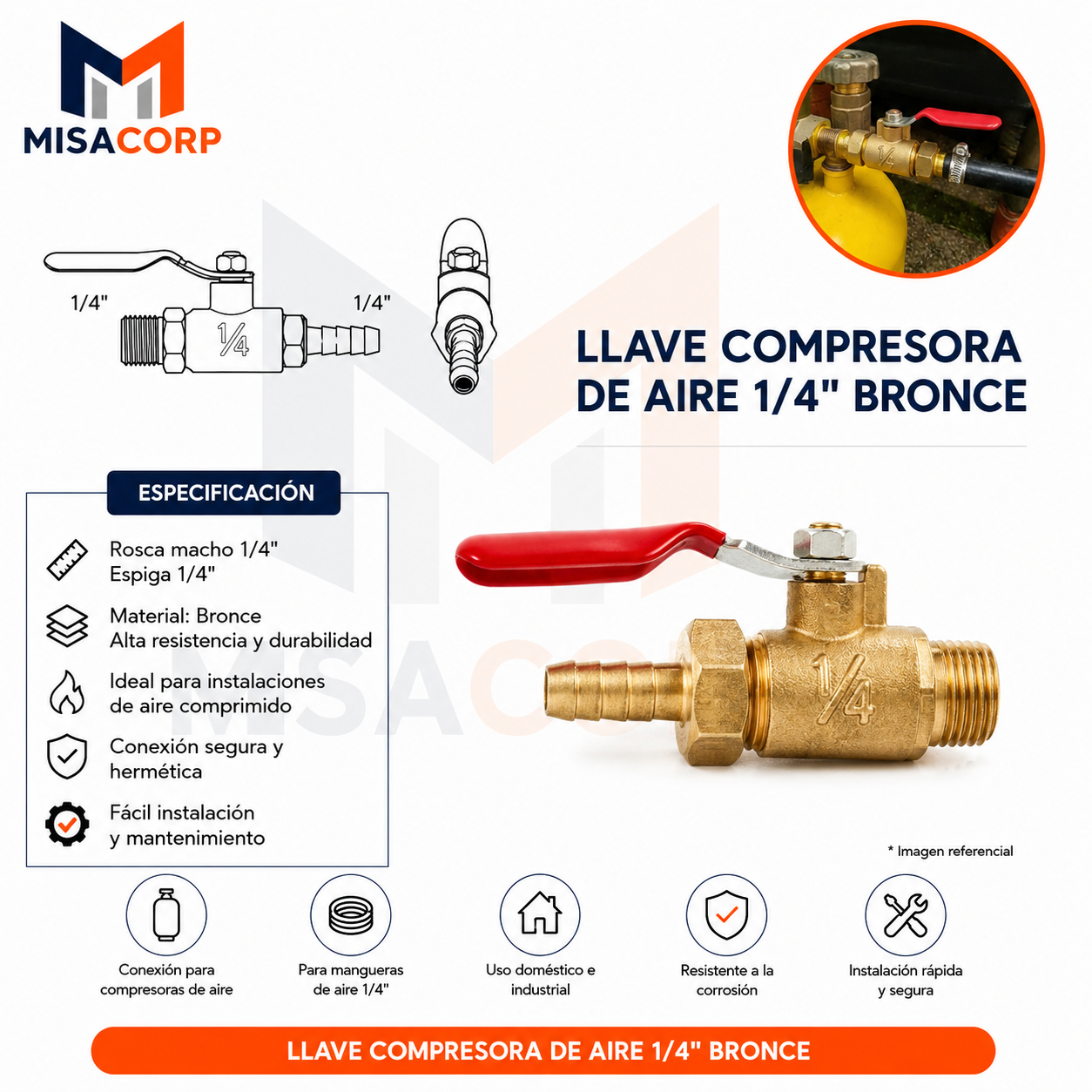 LLAVE COMPRESORA DE AIRE 1/4" BRONCE