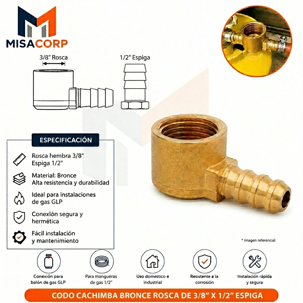 CODO CACHIMBA BRONCE ROSCA DE 3/8" X 1/2" ESPIGA