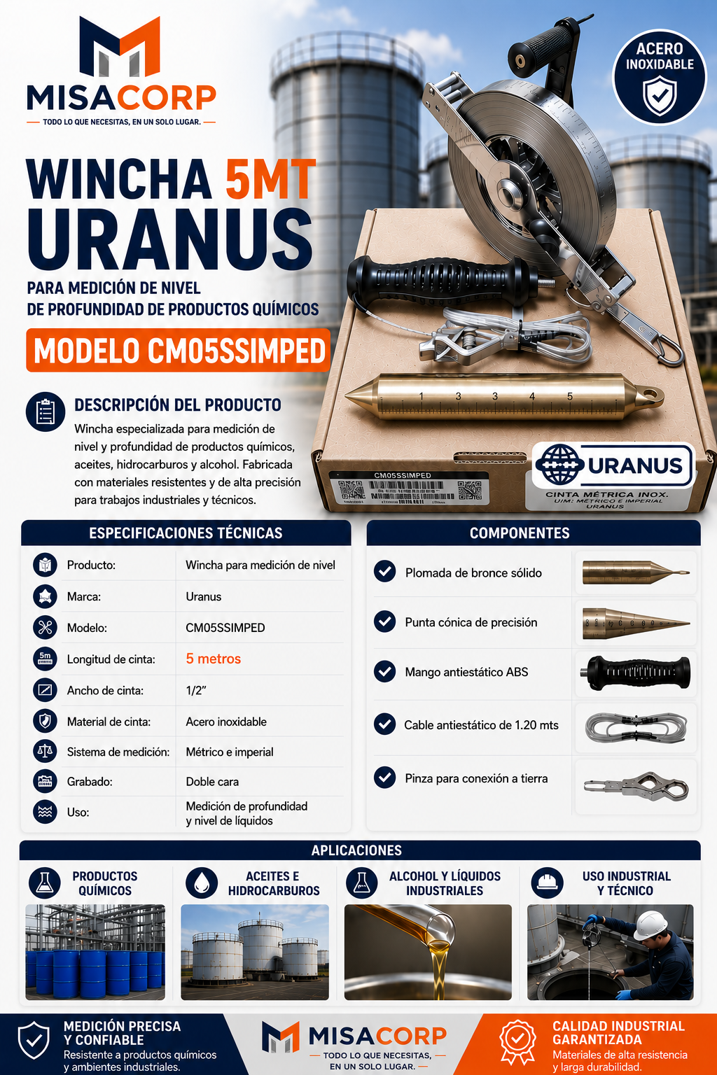 WINCHA 5MT URANUS PARA MEDICIÓN DE NIVEL DE PROFUNDIDAD DE PRODUCTOS QUÍMICOS MODELO CM05SSIMPED